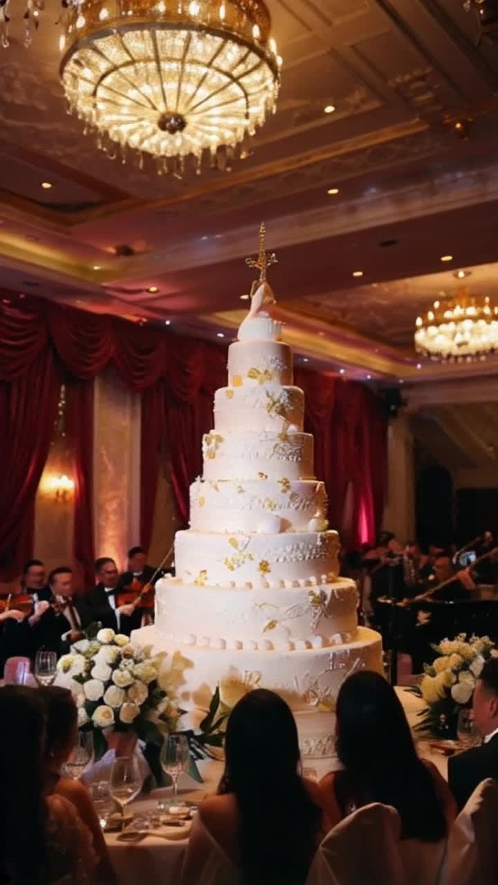 Opulent multi-tiered wedding cake adorned with delicate sugar flowers and gold leaf shimmering with elegance towering proudly at the center of a lavish banquet hall sparkling chandeliers casting warm light across the room guests in exquisite attire marveling at the majestic creation while a string quartet plays softly in the background rich crimson and white floral arrangements framing the scene lush silk drapes flowing gracefully from the ceiling adding to the regal atmosphere enchanting ambiance filled with whispers of joy and celebration