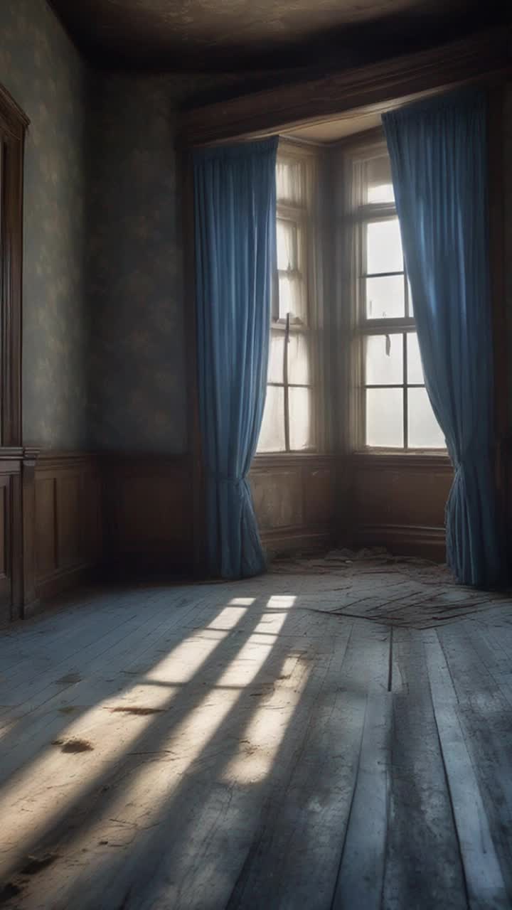 An interior of an old fashioned room of a hotel frim the 1870s The room is decrepit and aged and full of dust and cobwebs The old fashioned window panes are dull from the sun there are dirty torn faded blue and white checkered curtains the floors are aged weathered wooden floors There is a creaky looking metal four poster bed witjh a dirty faded blue and cream colored striped mattress with thin stripes there is a warped old wooden dresser the dresser has marble knobs and a cracked cream colored ceramic pitcher set on top of it the pattern is of daisies There is an old oval faded woven rag rug on the floor