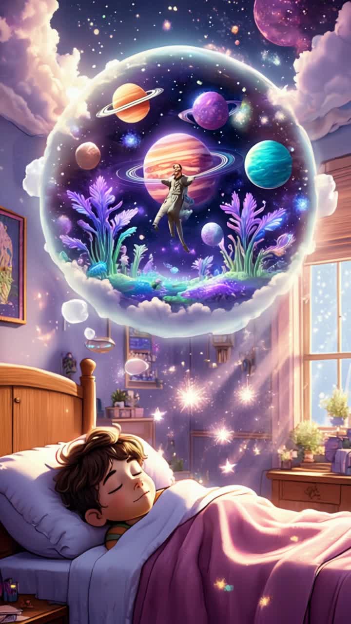 A dreamy, cinematic sequence from an 8yearold boys imagination A wise, older astronaut with a bald head, warm expression, and navy blue uniform with gold buttons and stripes floats gently in deep space He appears as Jaspers grandaddy, smiling softly Around him are glowing alien plants, colorful planets, and stars He drifts weightlessly past a glowing nebula and looks toward the viewer A sense of wonder, mystery, and hope 3D Pixarstyle, magical lighting, emotional tone 