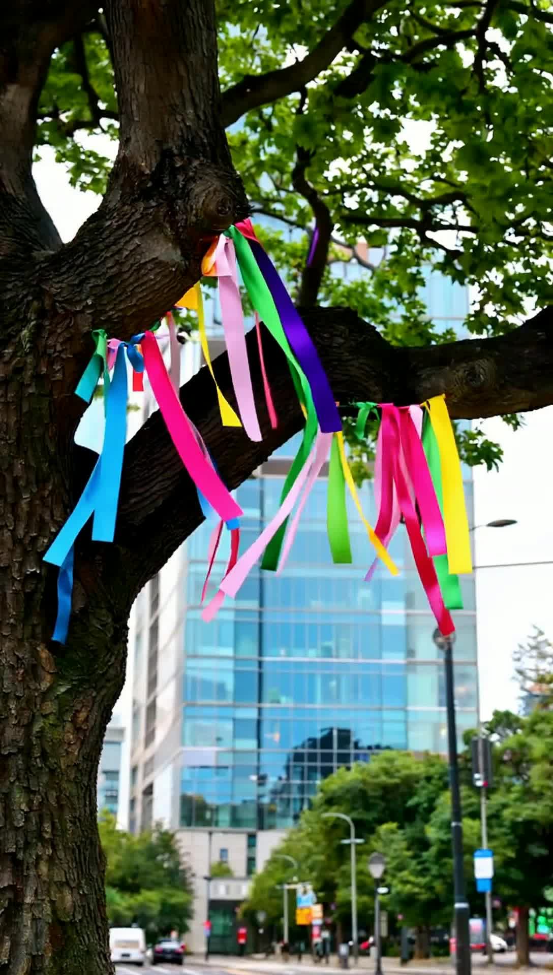 various colored ribbons that are tied to an oak tree on an urban street are slowly fading their color