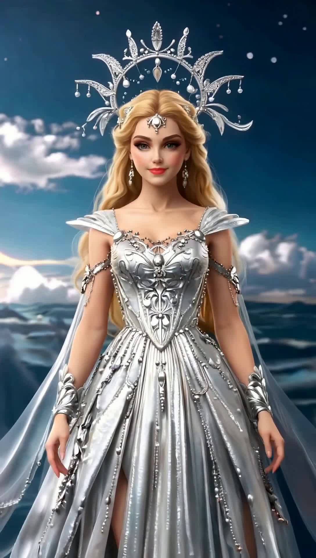 selene the greek moon goddess is beautiful with a crescent moon crown and silver gown