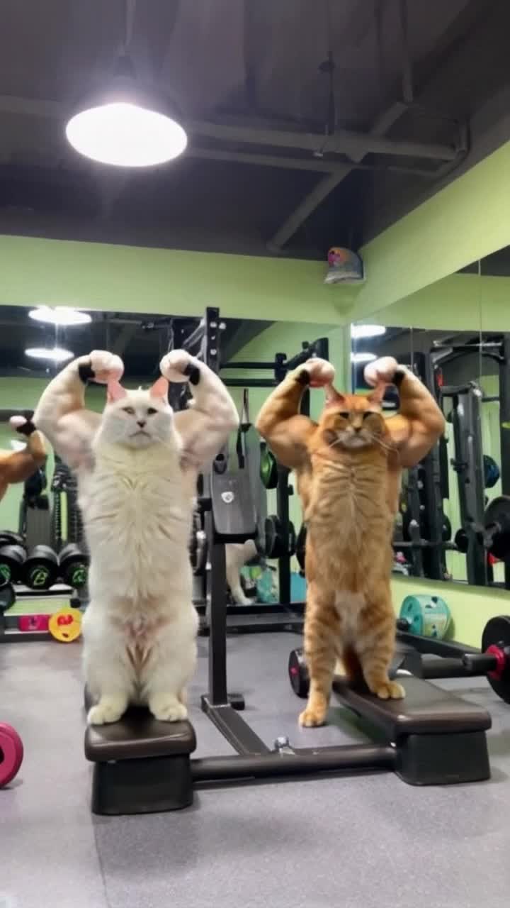 Powerful felines with bulging biceps showcasing impressive strength striking poses like bodybuilders in a lively gym with colorful weights and mirrors reflecting their exaggerated muscles