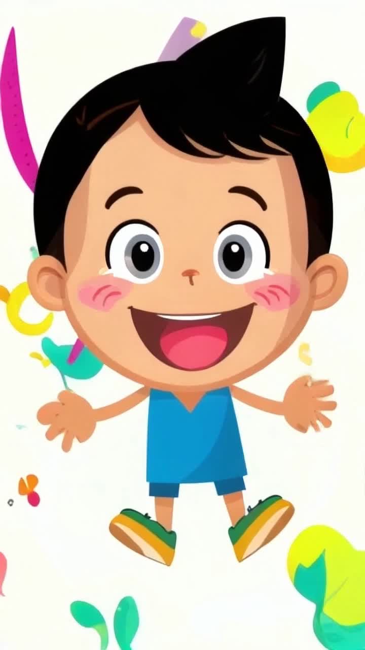 A vibrant cartoon character waves energetically with a big smile sparkling eyes filled with joy bouncing in place radiating excitement bright colorful background filled with playful shapes and patterns swirling around creating a lively atmosphere inviting viewers to join in on the fun
