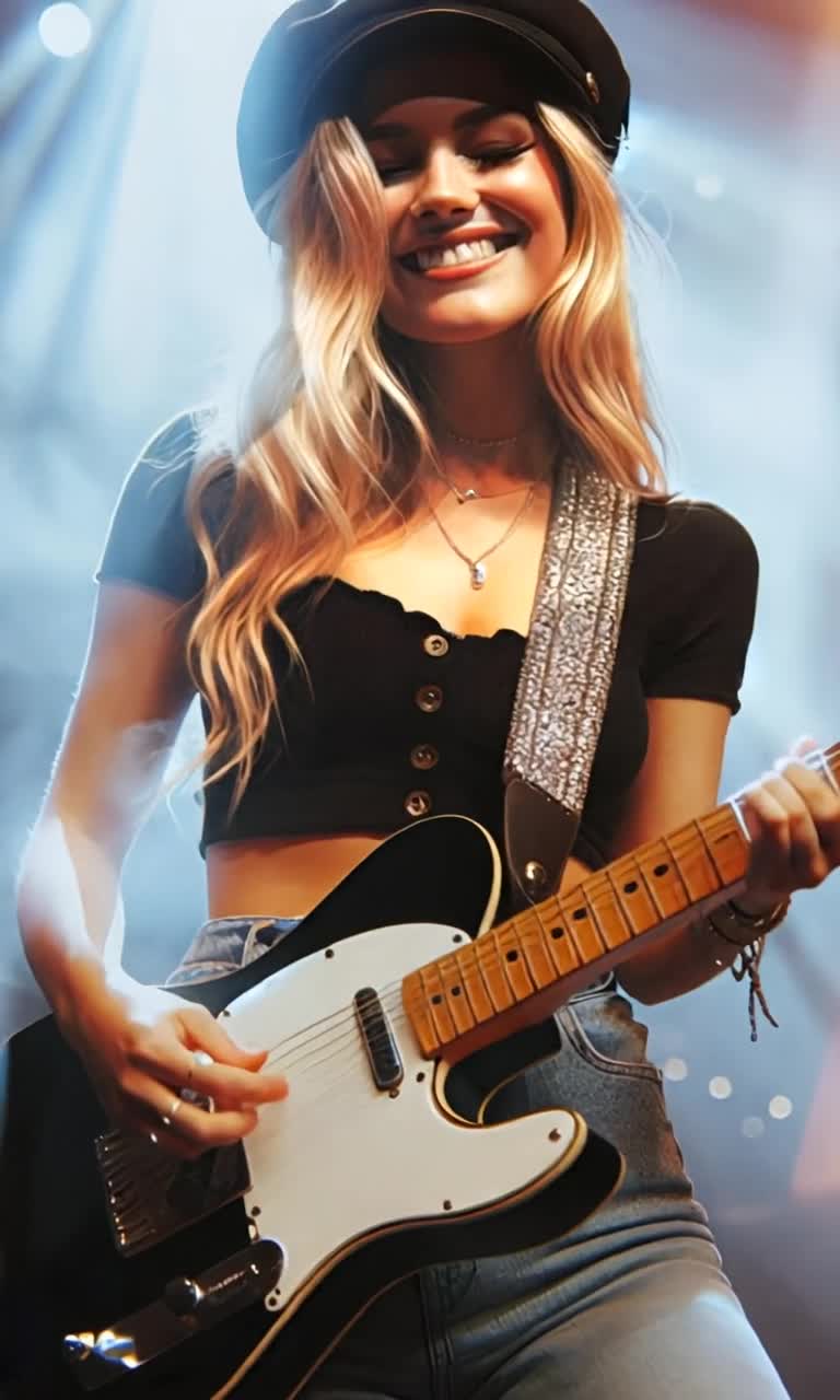 A beautiful female guitarist on stage playing her guitar, smiling as she fingerpicks with her right hand, fretting the guitar neck with her left hand as she moves her head slightly, in time with the music she is playing as her face is maintaining a crystal clear view throughout the video, her gaze staying with the viewer 