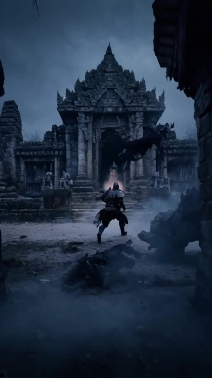 A lone warrior clad in tattered armor with fierce determination burning in his eyes charges forward with a powerful leap striking down menacing shadowy demons that writhe and howl as they disintegrate into swirling dark mist. An ancient ruined temple stands ominously in the background bathed in a haunting twilight glow with ethereal wisps floating through the air revealing remnants of forgotten battles and echoes of destiny intertwining through the thick mist