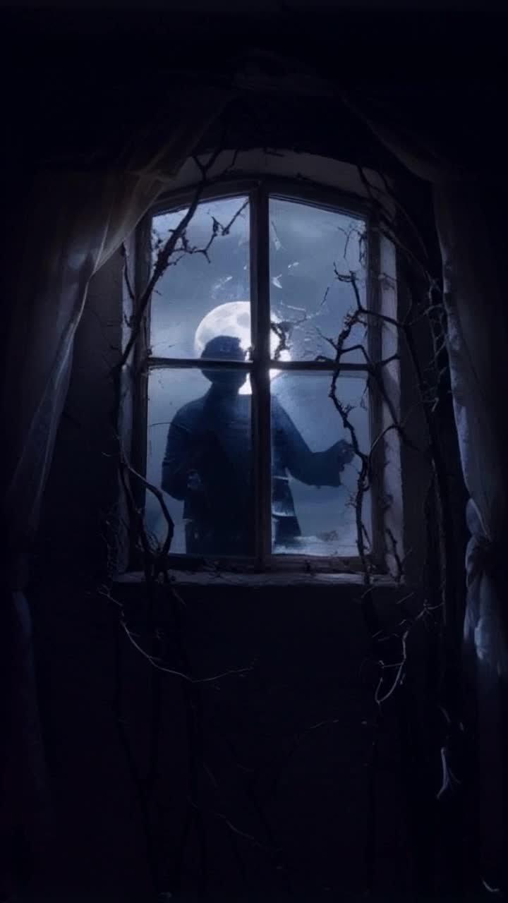 Eerie cracked window surrounded by twisting dark vines reflecting ghostly moonlight Terrifying silhouettes press against glass as shadows writhe and shiver Unearthly whispers echo through night air chilling spine Tattered curtains flutter ominously in cold breeze while storm clouds gather above