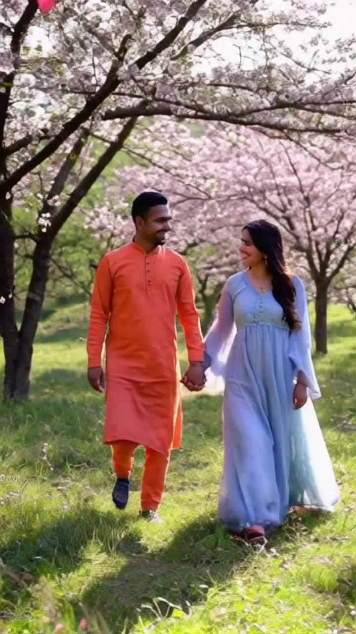 Once upon a time, Suraj and Chanda were very good friendsTwo vibrant figures Suraj wearing a bright orange kurta Chanda adorned in a flowing blue dress stroll hand in hand through a blooming meadow Action sharing laughter and exchanging secrets under a canopy of overhanging cherry blossom trees Background sunlight filters through petals casting playful shadows on the soft grass as butterflies dance around them in a serene whimsical atmosphere