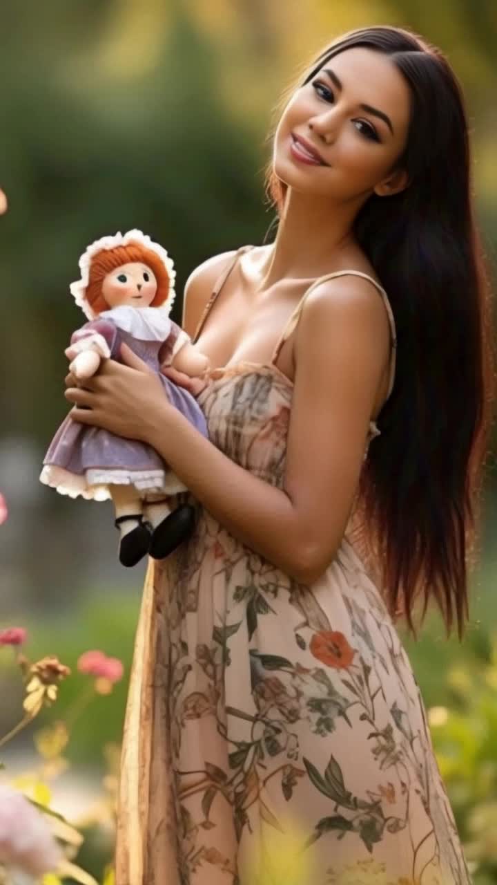 Elegant bohemian woman adorned in flowing fabrics vibrant colors holding a cherished raggedy Ann doll delicately stroking its worn fabric spinning in a gentle breeze surrounded by a kaleidoscope of wildflowers dancing in sunlight a serene blue sky above dotted with fluffy clouds creating a dreamy atmosphere whispers of nature echoing through the field bees buzzing softly butterflies fluttering by adding whimsical charm