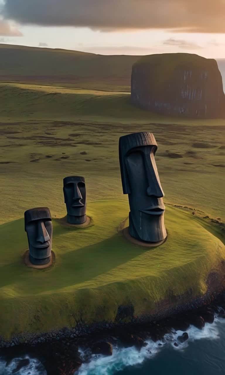 A Drone view of the giant easter island head at sunset panning and flying away  