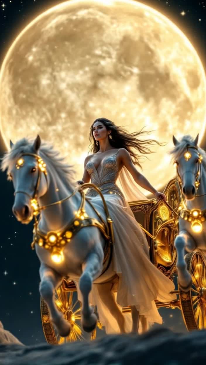 selene the moon goddess riding in her chariot drawn by 2 white horses in the night sky with the giant moon in the background