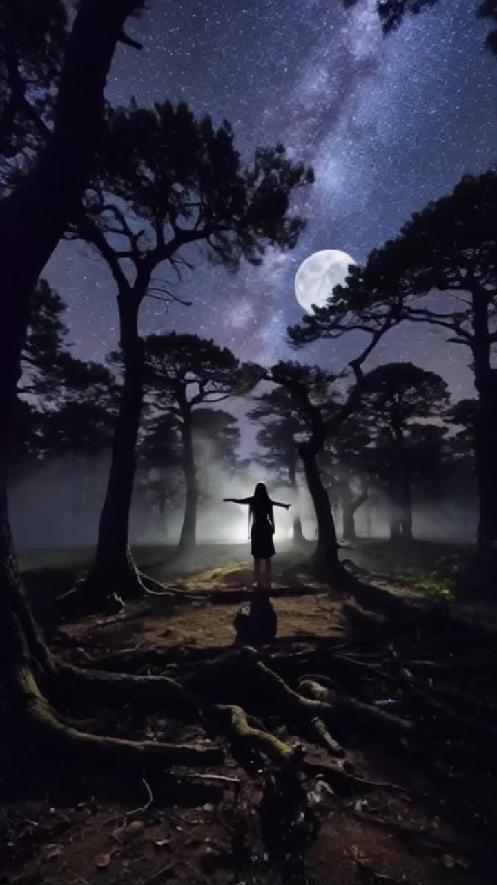 Twisted trees sway ominously under a moonlit sky Shadows flicker as restless spirits swirl around her She extends her arms invitingly leading them towards a shimmering light glowing in the distance Misty fog creeps through the forest floor illuminating ancient roots with an ethereal glow Whispers echo through the air intertwining with her gentle voice guiding lost souls through the darkness towards freedom from their anguish
