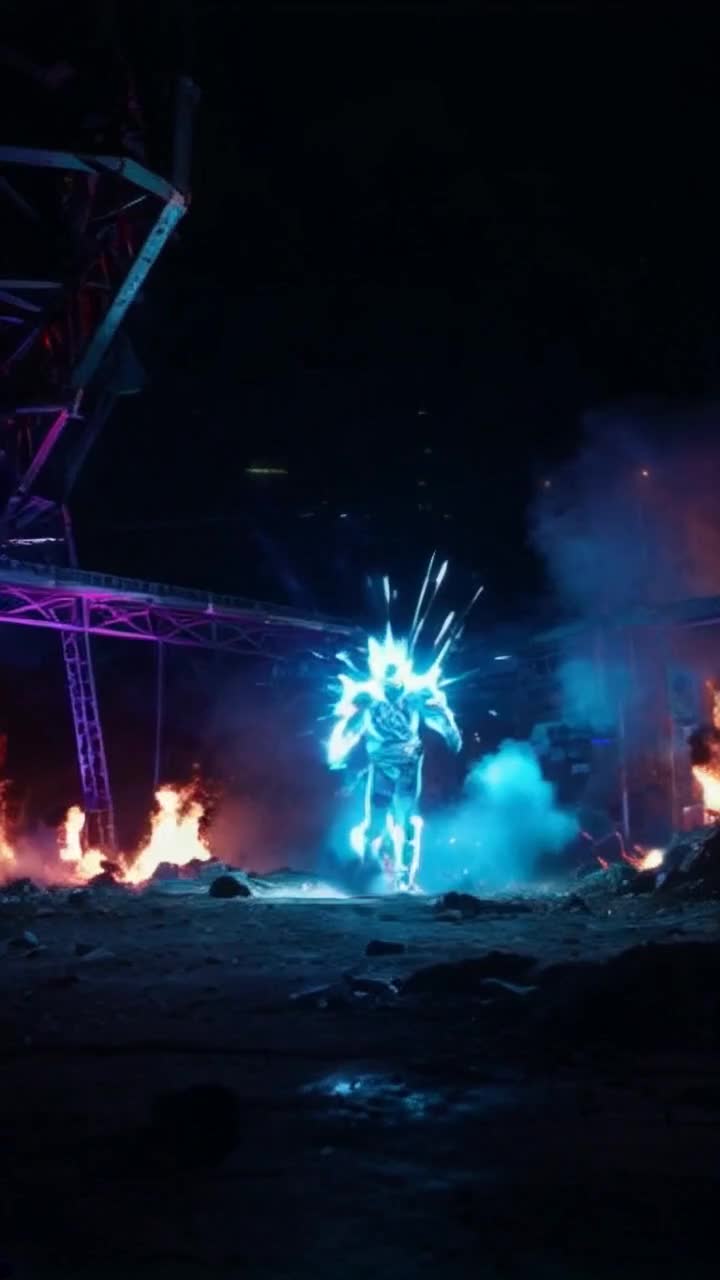Cinematic, moody, neon, explodes, Chosen warrior with spikey hair radiating atomic blue energy leads the army of GOD to the new earth but must battle through evil demon armies 