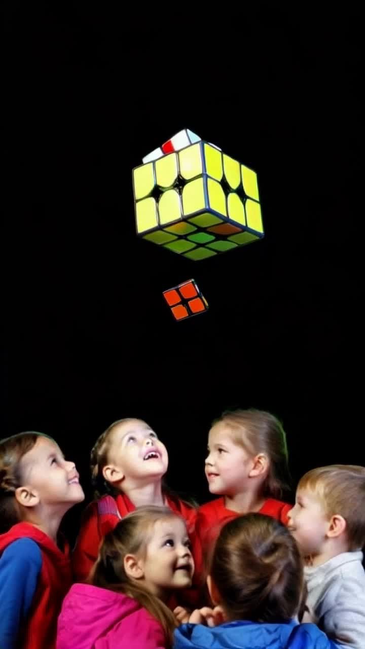 Rubies cube floating over happy children, solves itself 