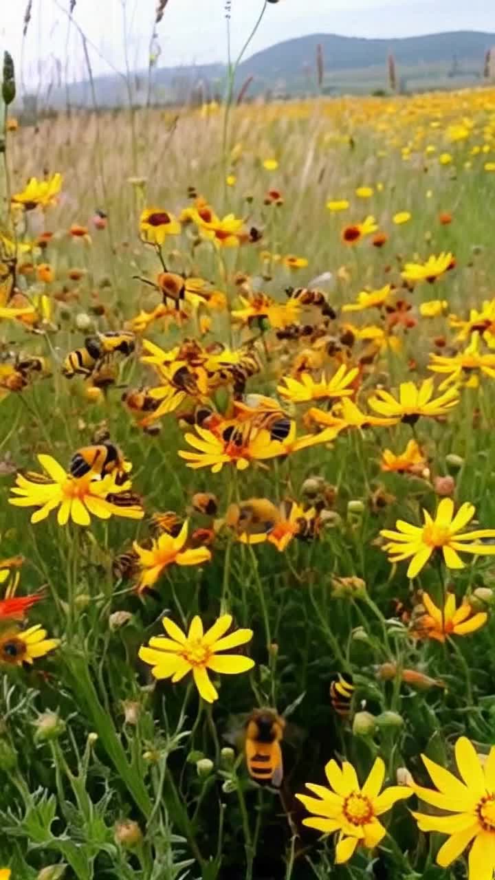 A vibrant swarm of golden bumblebees buzzes energetically flocking in a delightful dance from one colorful wildflower to another Their fat and fluffy bodies shimmer in the sunlight with pollen mites as they flit gracefully through the air, weaving between delicate petals A sunlit meadow sprawls beneath them, bursting with a tapestry of blooming wildflowers swaying gently in a warm breeze Tall grasses ripple like waves on an ocean while distant hills provide a picturesque backdrop painted in soft greens and blues Bright butterflies flutter nearby adding even more life to this enchanting scene