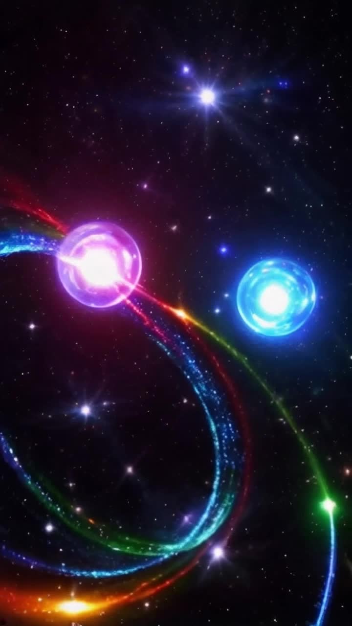 Two vibrant, luminous orbs radiate energy Dynamic spirals of colorful light dance around them A cosmic backdrop filled with swirling galaxies and shimmering stars creates a mesmerizing atmosphere