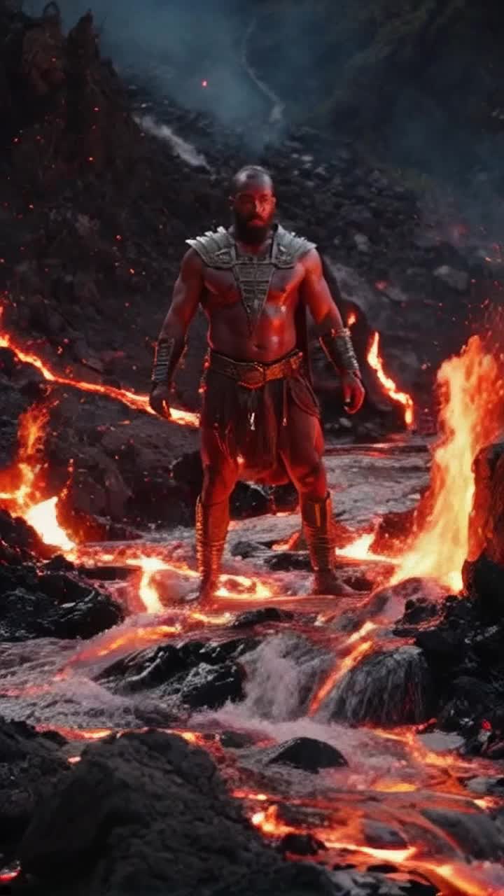 Vibrational warrior poised in powerful iconic hero stances radiating divine strength glowing embers swirling around him casting dynamic shadows striking against molten lava jagged rocks erupting in fiery hues as he stands tall amidst the chaos asserting his unstoppable force radiating energy conquering all challenges radiating resilience against the backdrop of an inferno igniting the sky with brilliant colors creating a breathtaking spectacle of rebirth and determination as molten streams flow fiercely illuminating the warrior's path forward