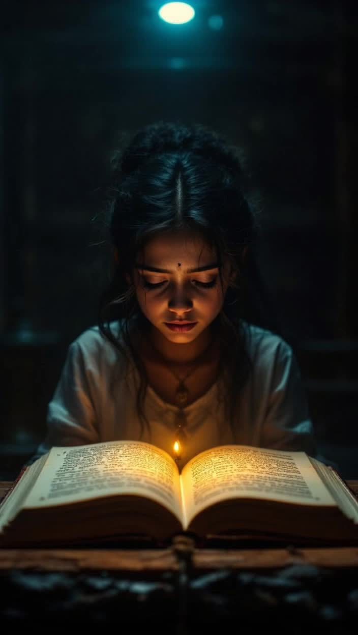 Sad girl seated in dimly lit room gazing at open book filled with daunting words  Slowly rising she walks through vibrant temple courtyard surrounded by soft drumbeats and ringing bells  Magnificent Mahagauri materializes dressed in radiant white glowing with serene strength  Eyes closed she meditates channeling inner peace and confidence transforming her expression into serenity  Confidently returning to her workspace she gently closes the book while uplifting music swells in triumphant celebration  Text appears invoking ancient Sanskrit with divine messages and strength capturing essence of belief and devotion