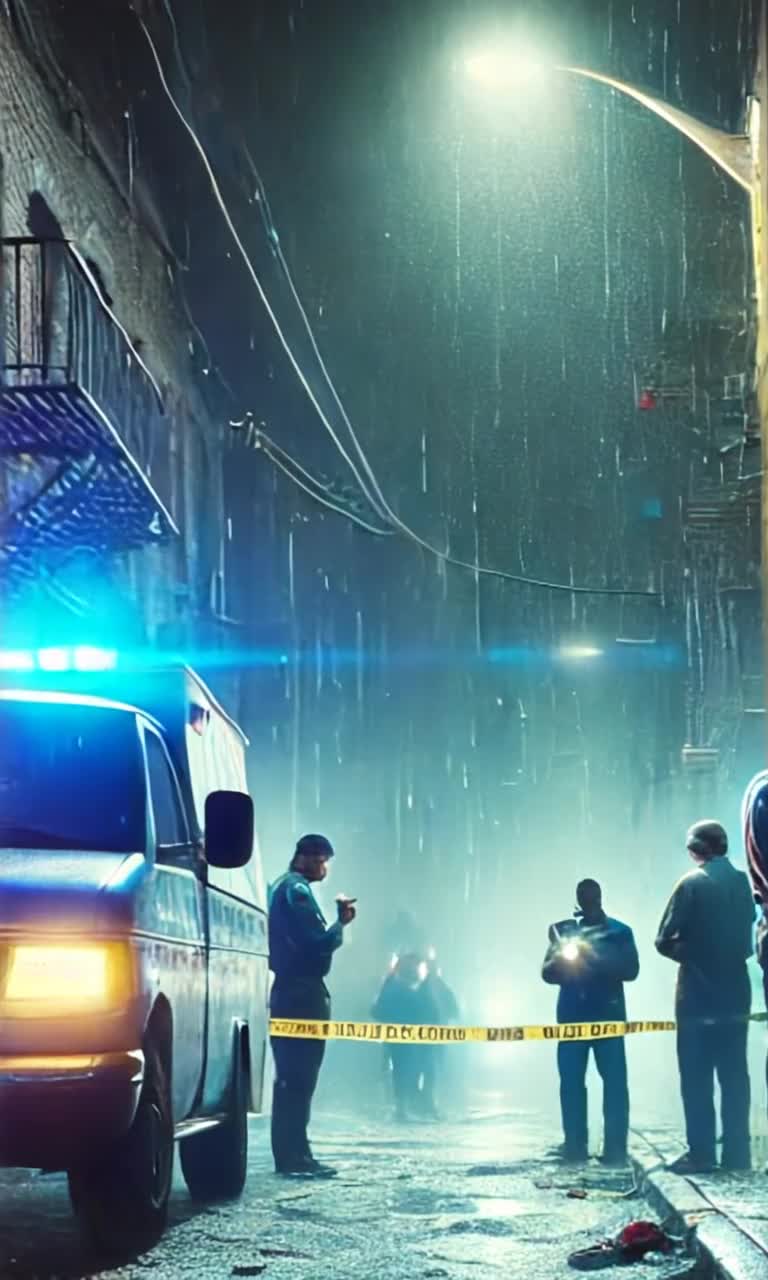 Dark cobblestone alleyway shimmering under flickering neon lights Shadows dance as two detectives crouch over ominous crimson stains snapping photos exchanging urgent whispers Tension crackles as crime scene tape flutters in icy night breeze Bright police lights wash over slick pavement pulsing red and blue Nearby news reporter gestures vividly into microphone as captivated crowd watches intently Unseen figure lurks within storm drain two glowing eyes blink slowly observing every heartbeat an electric silence envelops the scene anticipation rising palpable in the chilly night air