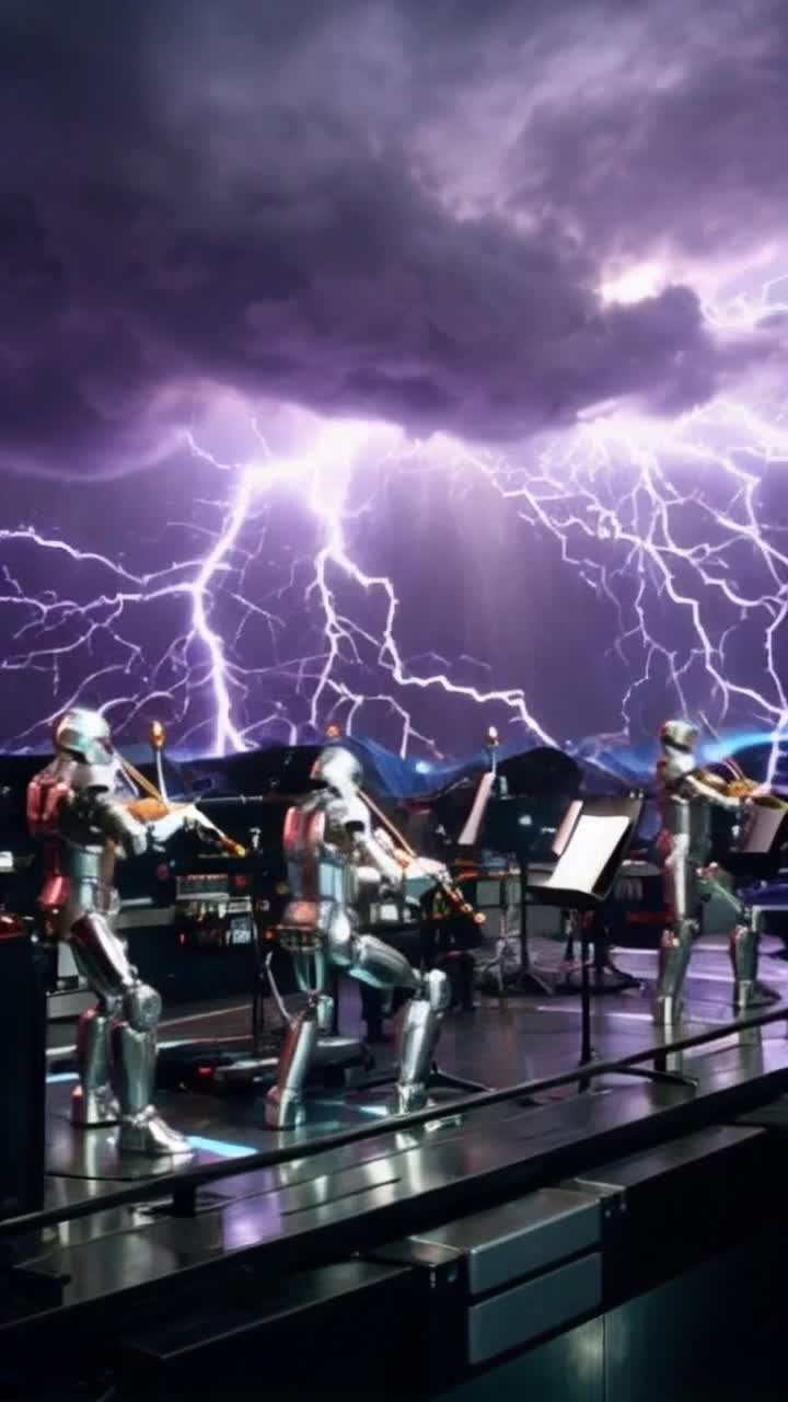 Glistening robotic orchestras shimmering in metallic hues pulsating with electric energy as gears whir and synth melodies explode in vibrant cascades beneath a tumultuous dynamo sky swirling with dark clouds and flashes of lightning illuminating the scene with a futuristic glow showcasing intricate dance routines of technology's harmony with nature's might