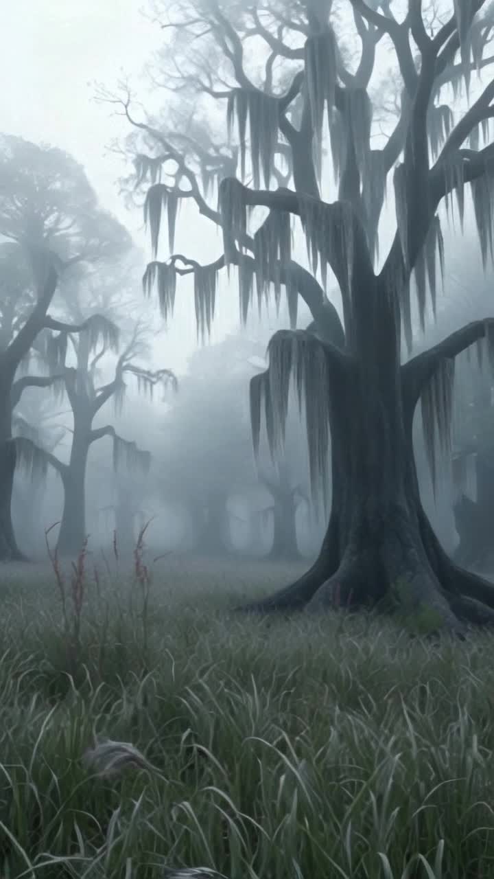 Atmospheric mist, breeze blowing the grass 