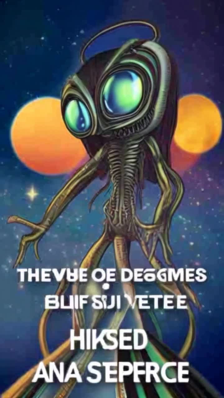Surreal alien figure with large expressive eyes slender elongated body intricate tentaclelike appendages halo above head stands in vibrant space backdrop swirling orange yellow planets Bold white text in unfamiliar language hovers ominously enhancing otherworldly theme Dark blues purples blend with vivid accents creating striking contrast Cosmic energy pulses around alien illuminating scene with ethereal glow