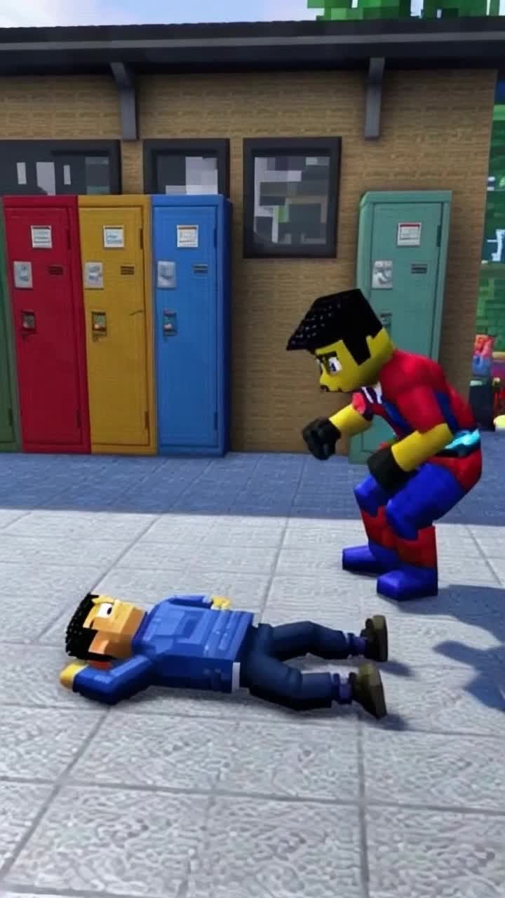 Minecraft character Steve adorned in blocky armor sprawled on the ground grimacing from injury Shadow the Hedgehog cackling mockingly with arms crossed hovering nearby Vibrant schoolyard bustling with colorful lockers and laughter nearby Sonic the Hedgehog gliding into scene eyes narrowed confronting Shadow with intensity declaring friendship over mockery Shadow recoiling in surprise darting away Sonic kneeling down extending hand to Steve reassuring smile growing brighter as they share a moment of camaraderie forging an unexpected friendship under the warm glow of the sun filtering through leafy trees
