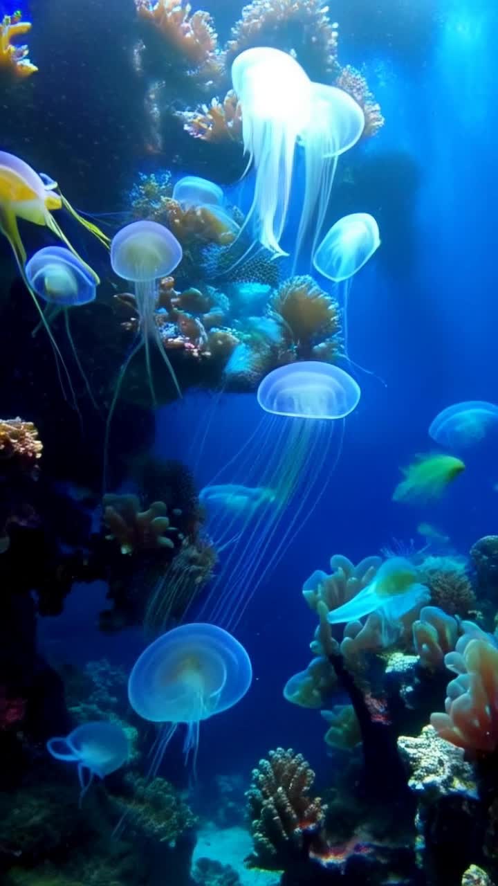 Celestial jellyfish gracefully gliding through an illuminated underwater realm Translucent bodies rippling radiantly like galaxies Long luminous tendrils pulsing vibrantly in a dance surrounded by shimmering schools of colorful fish sparkling coral formations drifting gently in soft currents Filtering beams of sunlight cascade through the ocean surface creating a serene ethereal atmosphere of tranquil beauty