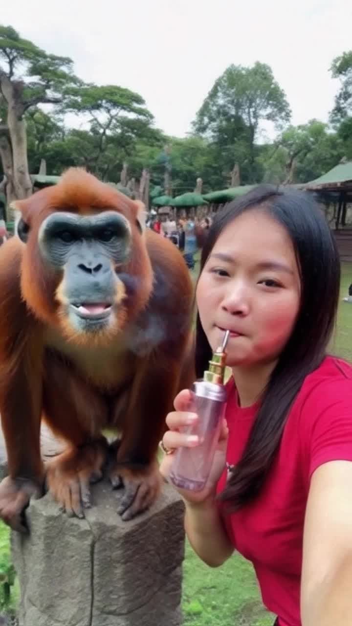 While at a busy zoo the pretty vlogger is taking a selfie video while allowing a caged orangutan to smoke from her vape pen