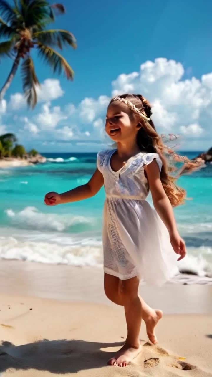 Radiant girl with flowing hair adorned with intricate braids sparkling shells glimmering in sunlight weaving gently through her locks Soft breeze dances around her delicate features as she twirls gracefully on a sandy beach Crystalclear waves crash against shore in rhythmic harmony painting a serene backdrop of turquoise waters beneath a vibrant sky filled with cotton candy clouds Golden rays of sun cast enchanting reflections highlighting every detail of her joyful expression Surrounding palm trees sway softly creating a tropical paradise of beauty and whimsy inviting viewers into her magical seaside world