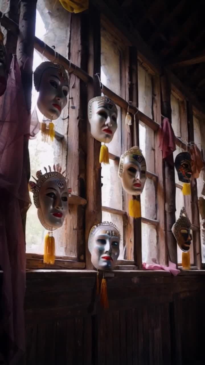 Vibrant collection of intricate masks in various styles and colors hanging on an old wooden wall, transforming gently as if in a soft breeze, casting delicate shadows Each mask depicting emotions with an expressive flourish, revealing hidden stories and cultural histories Ethereal light filters through dusty windows illuminating dust particles dancing in the air, enhancing the mystique of the space Wisps of fabric float nearby, creating an enchanting atmosphere filled with whispers of ancient rituals and celebrations, inviting viewers to explore the rich tapestry of traditions and identities embodied in these exquisite artifacts