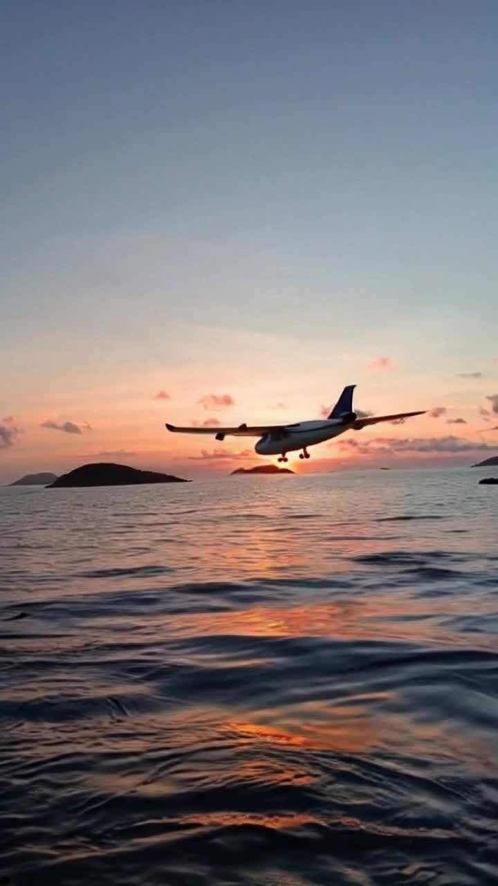 Vibrant seaplane gliding gracefully toward sapphire waves Radiant sunset casting golden hues on water as plane descends Gentle splashes erupting beneath landing gear creating dynamic ripples Surrounding island silhouettes silhouetted against the twilight sky Birds circling overhead in delightful dance shimmering reflections across ocean surface