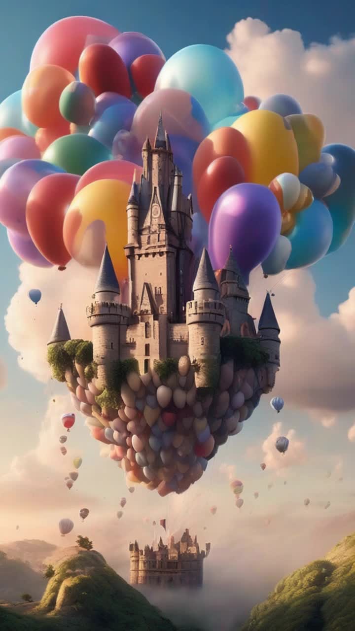 A gigantic castle lifted by balloons similar to the movie up 
