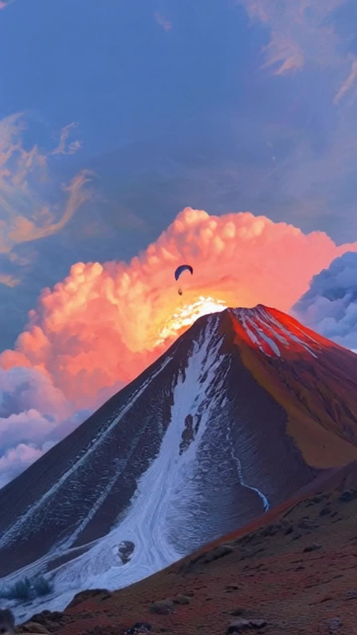 Surrealistic painting, Extreme paraglidingGliding down the slope of a volcano on planet Earth, in an extremely detailed style, with intense focus, combining 3D graphics and 2D animation, inspired by Simon Stalenhag, Lois, Ian McQueen, Tetsuya Nomura, with bright colors, clear contours, and high detail Concentric circles create a pulsating or moving effect