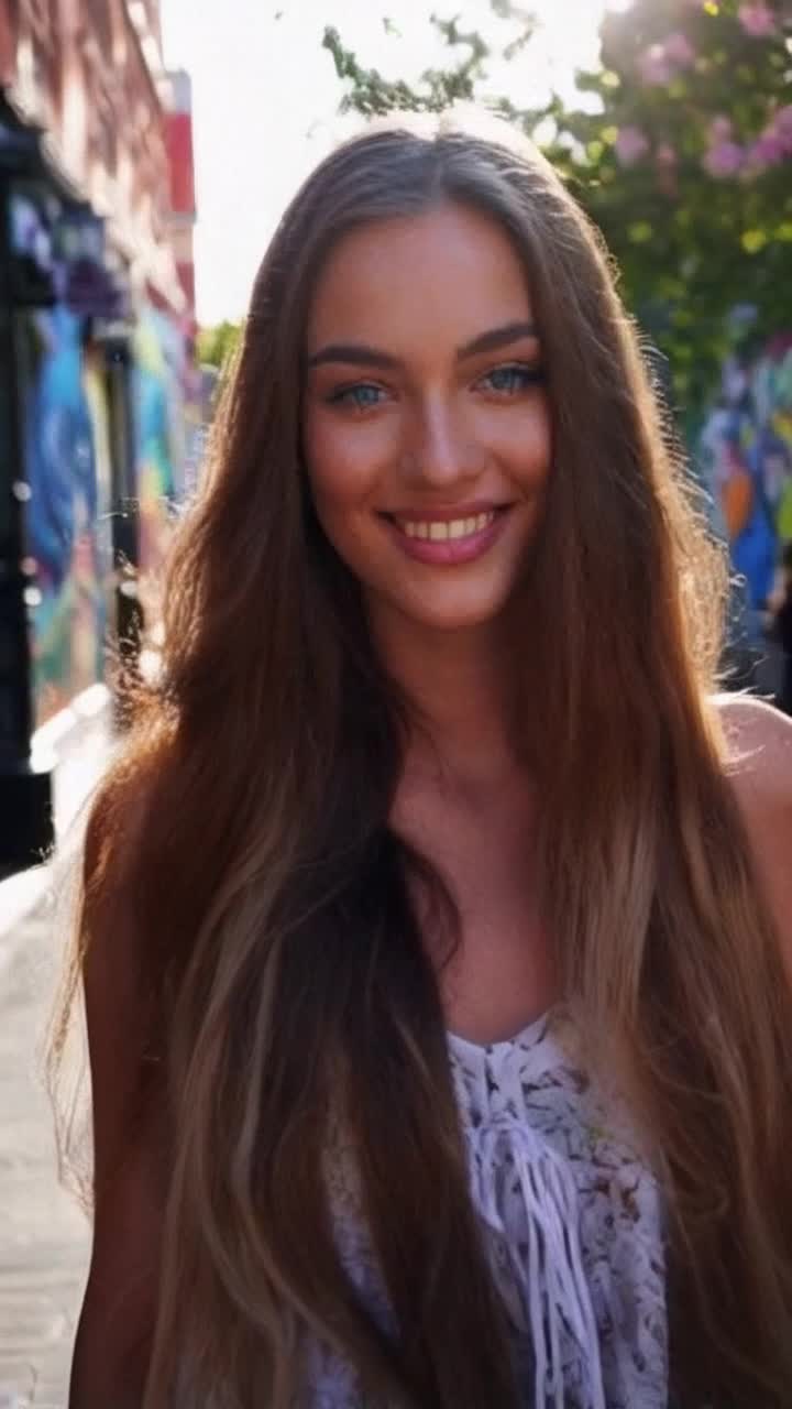 Trans girl with flowing chestnut hair cascading over shoulders sparkling blue eyes radiating confidence luminous smile embracing her true self gracefully walks through vibrant city streets adorned with colorful murals and blooming flowers sunlight filtering through trees creating a magical glow illuminating her path invites onlookers to celebrate authenticity