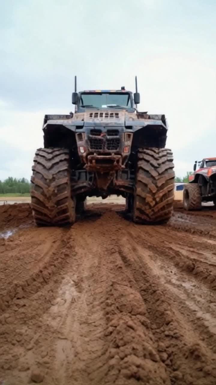 A giant monster truck with the metallic face of a warthog rolls over to wallow in mud while other smaller trucks rush to get our of the way