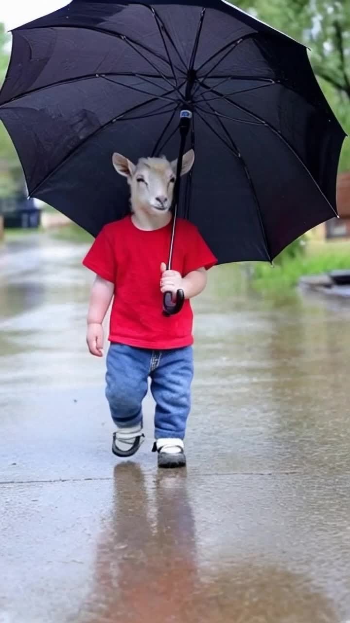 A hyper realistic Baby goat is going to school in a rainy day with a umbrella in his hand wearing a red t shirt and jeans and a shoes