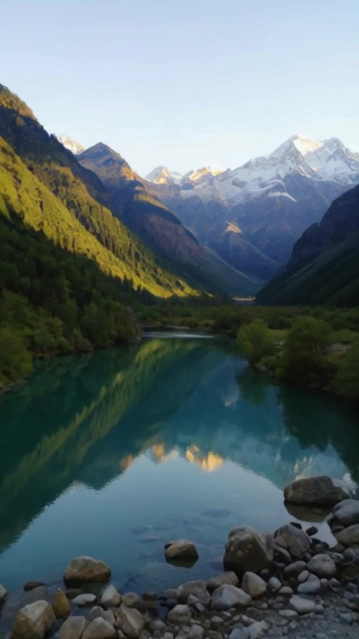 Lush verdant valleys of Kashmir glistening in morning light Soft instrumental music floats above tranquil scenery Golden rays embrace majestic snowcapped peaks Fresh crisp air carries sweet melodies of singing birds Crystalclear river dances across smooth stones telling ancient tales Wander down serene