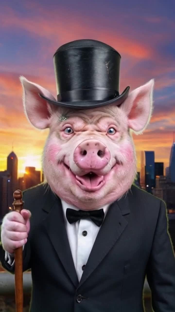 Dapper pig adorned in a crisp tailcoat topped with a classic bowler hat twirls a vintage cane with flair A playful grin lights up his face as he interacts with mesmerized passersby Glimmering left eye sparkles like a rare diamond capturing the fading sunlight Radiant colors fill the sky as the sun sets over a bustling city skyline silhouetted by golden hues Creating an enchanting atmosphere rich with emotion and charm