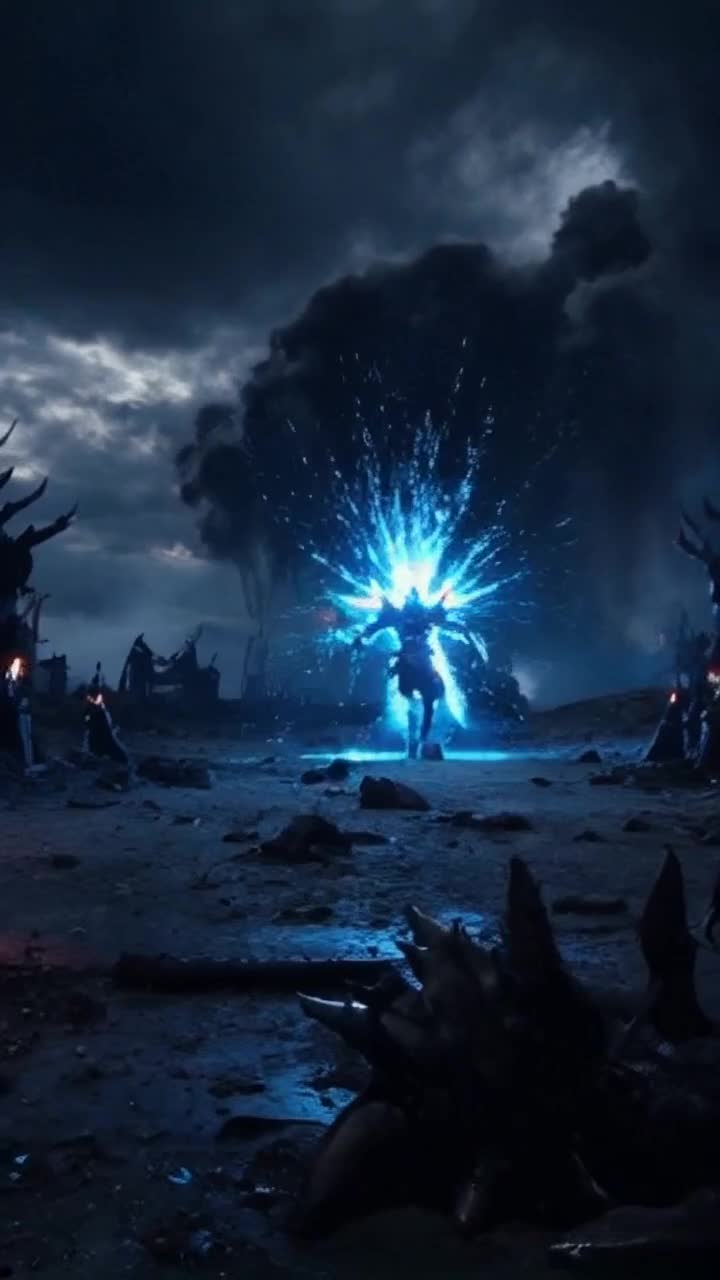 high vibrational warrior with spikey hair radiating brilliant atomic blue energy unleashes ancient martial arts techniques against evil demons in battle of the chosen versus evil 