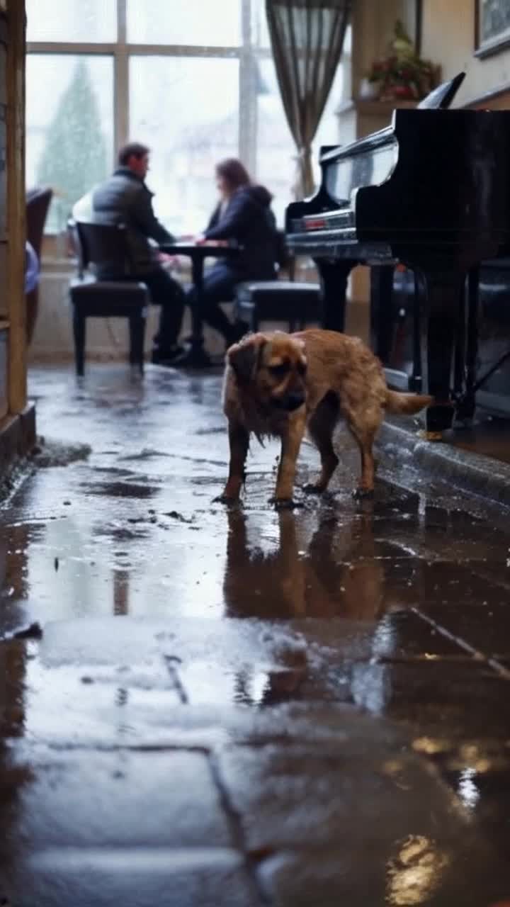 Small scruffy dog trudging through puddles under a gray downpour Searching for warmth among discarded remnants of food Hints of light flicker from a nearby bustling cafe Illuminated raindrops create a surreal dreamlike atmosphere Soft piano notes mingle with the sound of falling rain A fleeting glimpse of joy captured through a foggy window A cheerful family gathers around a table while laughter echoes in the air Memories of a home entwined with longing and heartache Surreal shadows dance in the rain reminding Toby of forgotten love