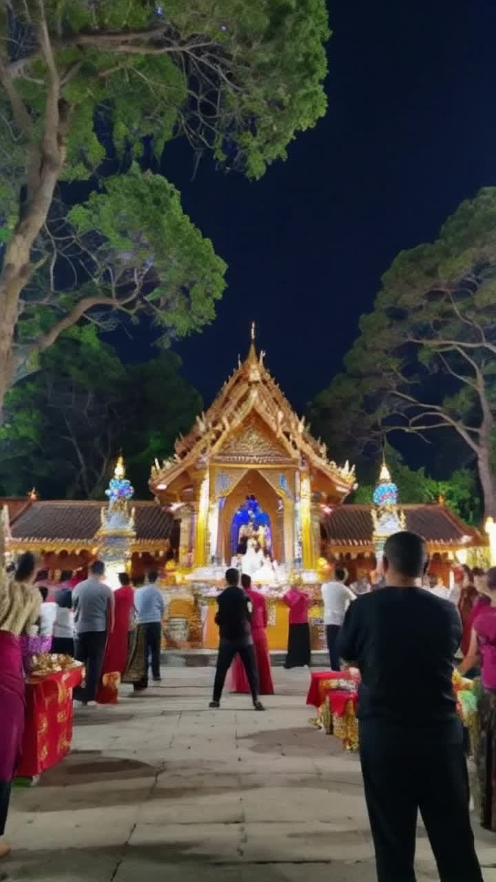 Devotees gathered in traditional attire glowing with devotion offer heartfelt prayers dancing joyously around a flickering fire Lifting hands high chanting praises create a vibrant atmosphere Sparkling lights illuminate a sacred temple adorned with flowers and incense wafting through the air The camera pans over offerings laid at the altar reflecting flickering flames Lush green surroundings with towering trees add depth to the scene as voices harmonize invoking blessings Joyous laughter echoes as gifts are exchanged amongst families celebrating togetherness radiating warmth and love