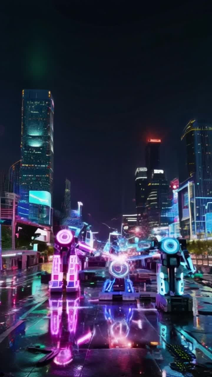 Vibrant robots of various sizes glowing with neon accents diligently assembling intricate components of technology swirling with electric energy Sparks erupt like dazzling fireworks painting the dark cyberpunk skyline filled with towering skyscrapers and holographic billboards A kaleidoscope of colors reflects on slick rain-soaked streets as distant sounds of a bustling city hum softly Witness the birth of a new era as creation unfolds illuminating shadows and hinting at a psychedelic future teeming with innovation and possibility