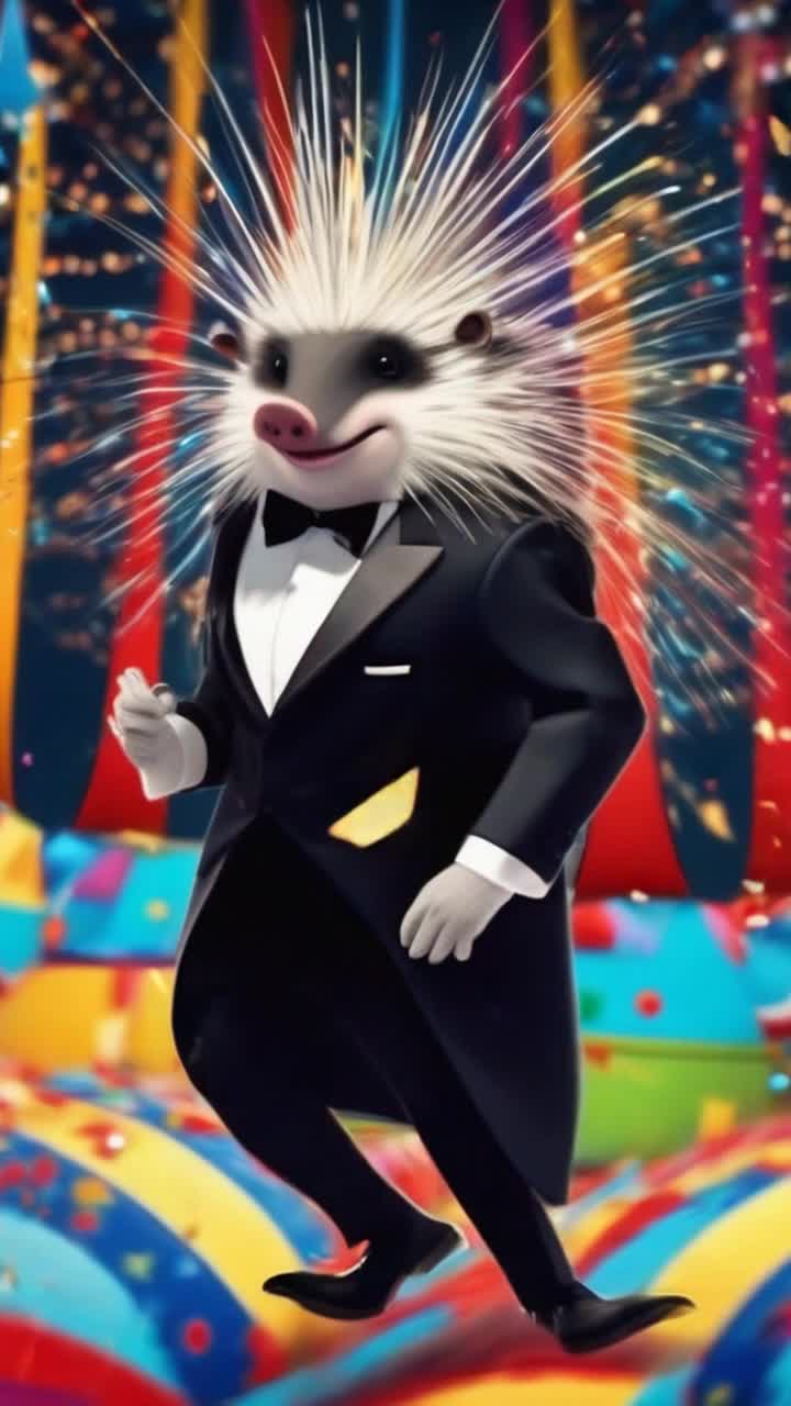 Dapper anthropomorphic porcupine in elegant black tuxedo strutting confidently while twirling a stylish walking stick Vibrant Big Top circus tent looms majestically above with colorful stripes and fluttering flags bright confetti spirals through the air reflecting sunlight creating a lively festive atmosphere