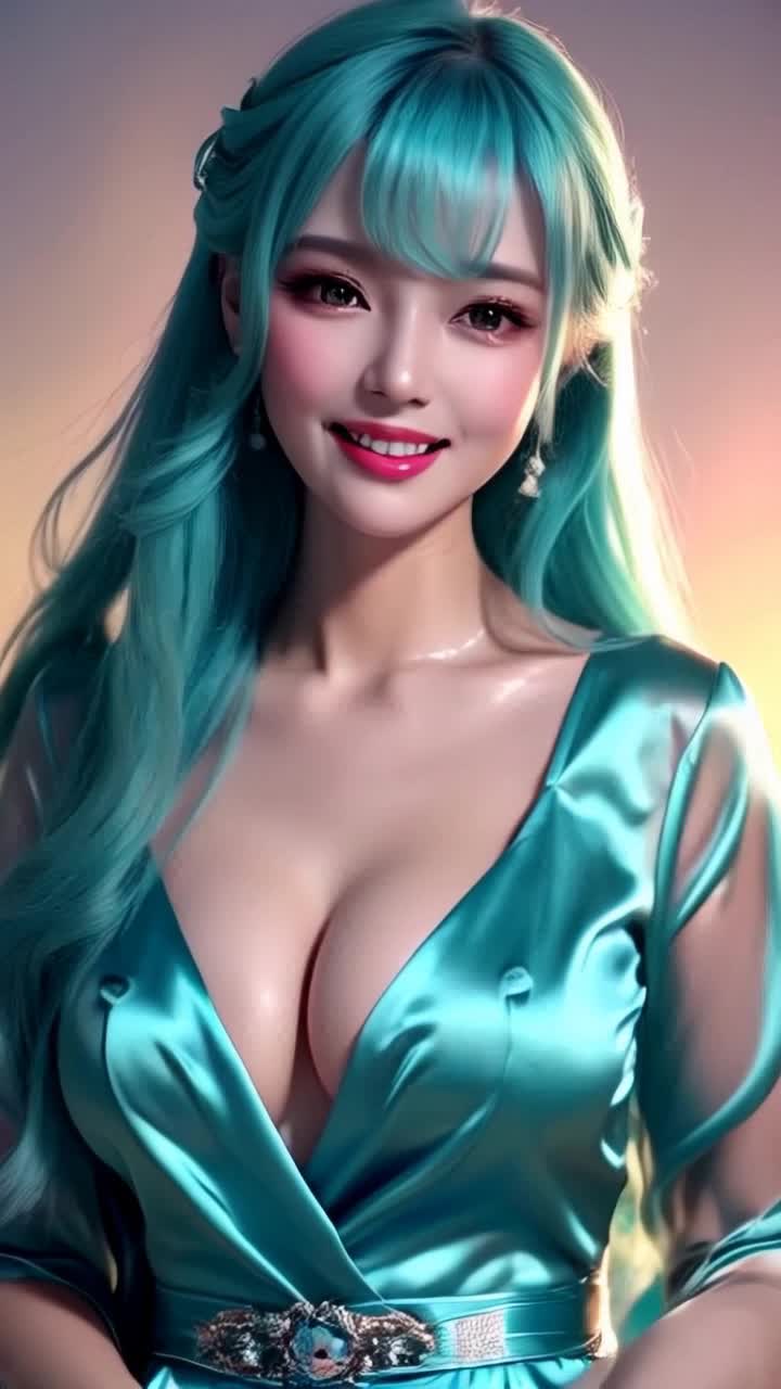 Hatsune Miku with vibrant turquoise hair and adorned in a stylish, flowing blouse leans down gracefully with a warm inviting smile radiating joy, She captivates her audience her eyes sparkling with playful mischief