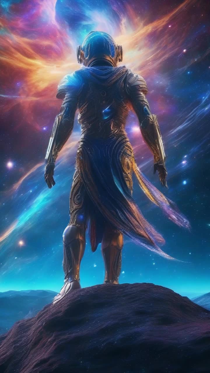 Ethereal warrior from 7th dimension radiating brilliant atomic blue energy launching into cosmic abyss gracefully pirouetting among swirling galaxies shimmering with vibrant colors. Celestial backdrop filled with countless stars nebulas pulsating with energy swirling cosmic dust creating a dreamlike atmosphere. Distant planets glow softly illuminating vastness of unknown realms while spectral light dances around him weaving through space-time as he moves