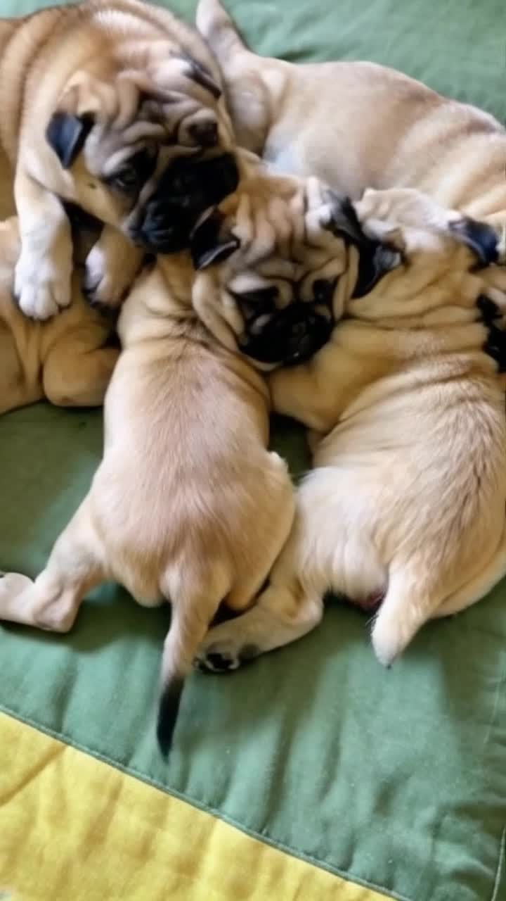 A bunch of tan wrinkly Shar Pei puppies roll around playfully on a bed, messing the blankets and sheets into a wrinkly green and yellow pastel mess