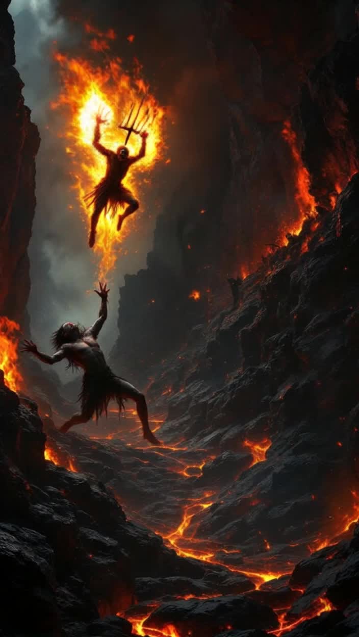 Souls engulfed in flames twisting in agony surrounded by shadows of despair fiery pitchforks looming overhead Writhing figures reaching out desperately for salvation while molten rock flows beneath them Demonic entities laughing and dancing in chaotic revelry as dark smoke fills the air Eerie flickering lights cast haunting shadows on tortured faces caught in a perpetual cycle of suffering Scorching winds whip through the landscape carrying echoes of anguish and despair as flames surge higher illuminating the haunting scene with a grotesque beauty Distant wails and haunting whispers resonate creating a symphony of eternal torment