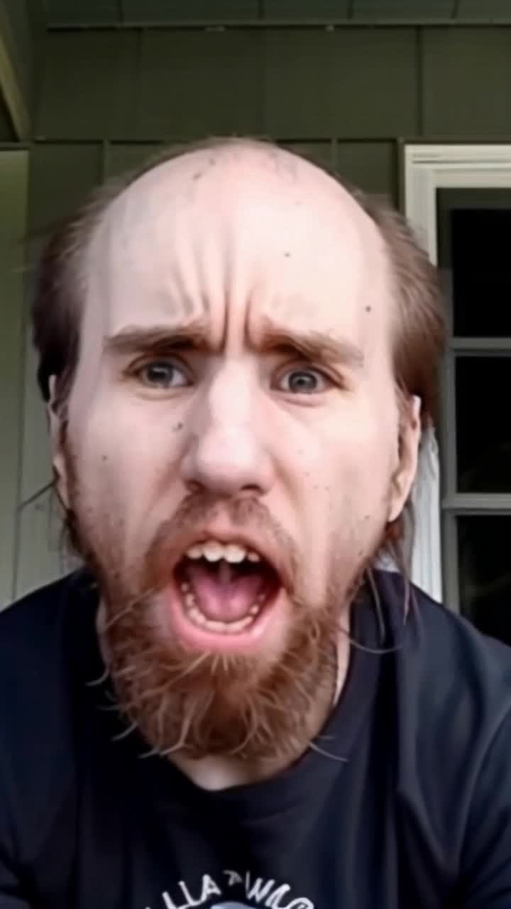 Cyraxx yelling insults from the porch, realistic angry goblin looking guy,
