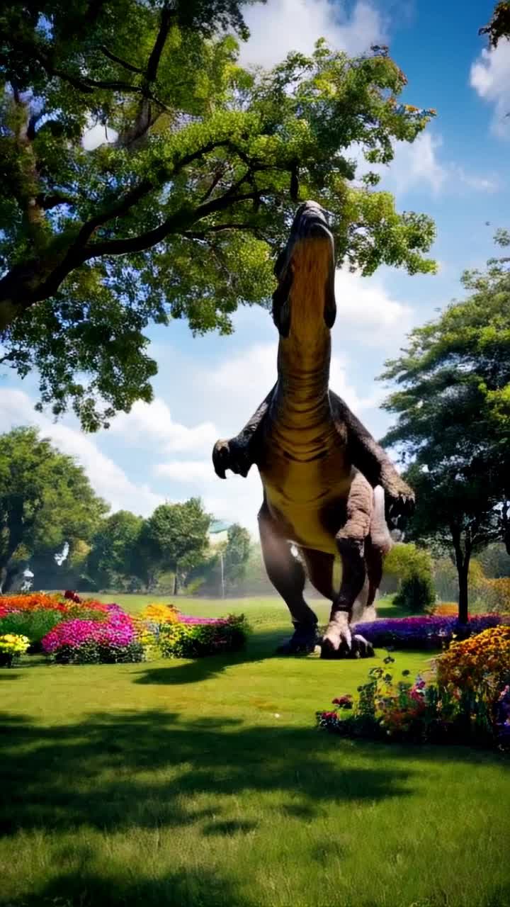 Vast towering animatronic dinosaur looms above mesmerized children Wideeyed kids dash joyfully across lush green yard Sunlight sparkles through dancing leaves illuminating gleeful squeals Vibrant flowers flutter harmoniously with lively chaos Ground shakes with thrilling vibrations of mechanical footsteps Playful clouds drift in a brilliant blue sky A flock of startled birds erupts into flight from thunderous stomps Distant trees stand as silent observers to this enchanting spectacle A symphony of childhood wonder melds with aweinspiring tech crafting a magical moment filled with unforgettable excitement