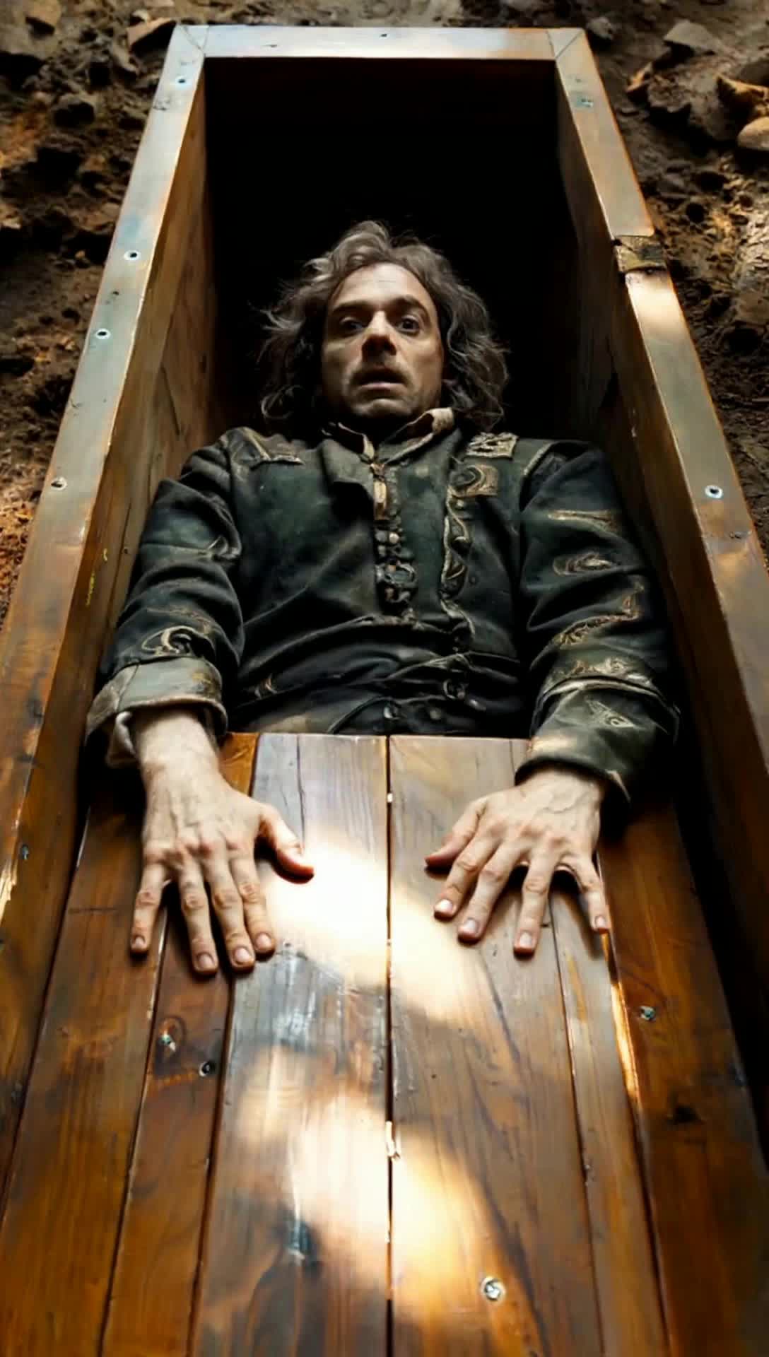 Point of view inside an ambient lit dark coffin, a middle aged man in the middle ages had been been buried alive, awakes in horror but is somehow calm as he presses hands against the casket lid, he can hear his pet cat and two hounds are digging to free him as the point of view raises to show through the ground and above, it is late night and a black cat and indeed two bastiffs are working together to dig their beloved human out of the precarious situation he did not put himself into They will save him